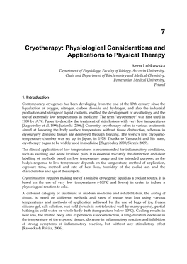 Cryotherapy: Physiological Considerations and Applications to Physical Therapy