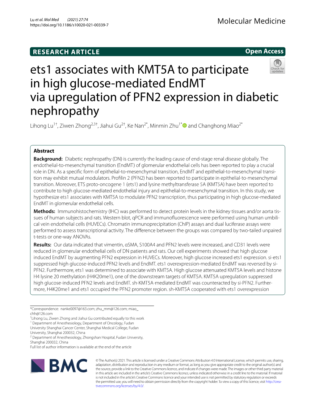 Ets1 Associates with KMT5A to Participate in High Glucose