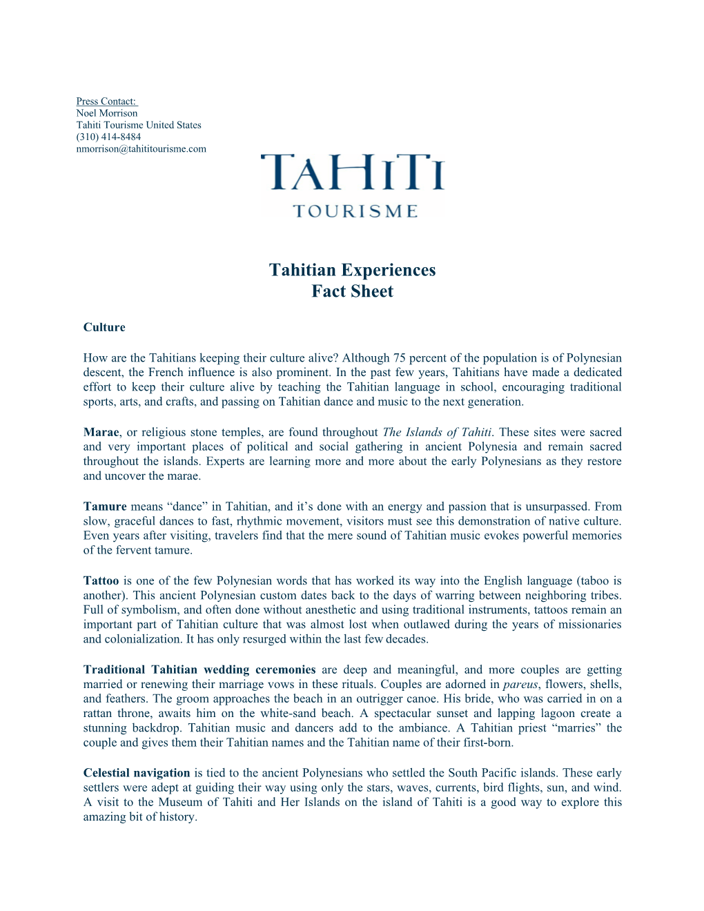 Tahitian Experiences Fact Sheet