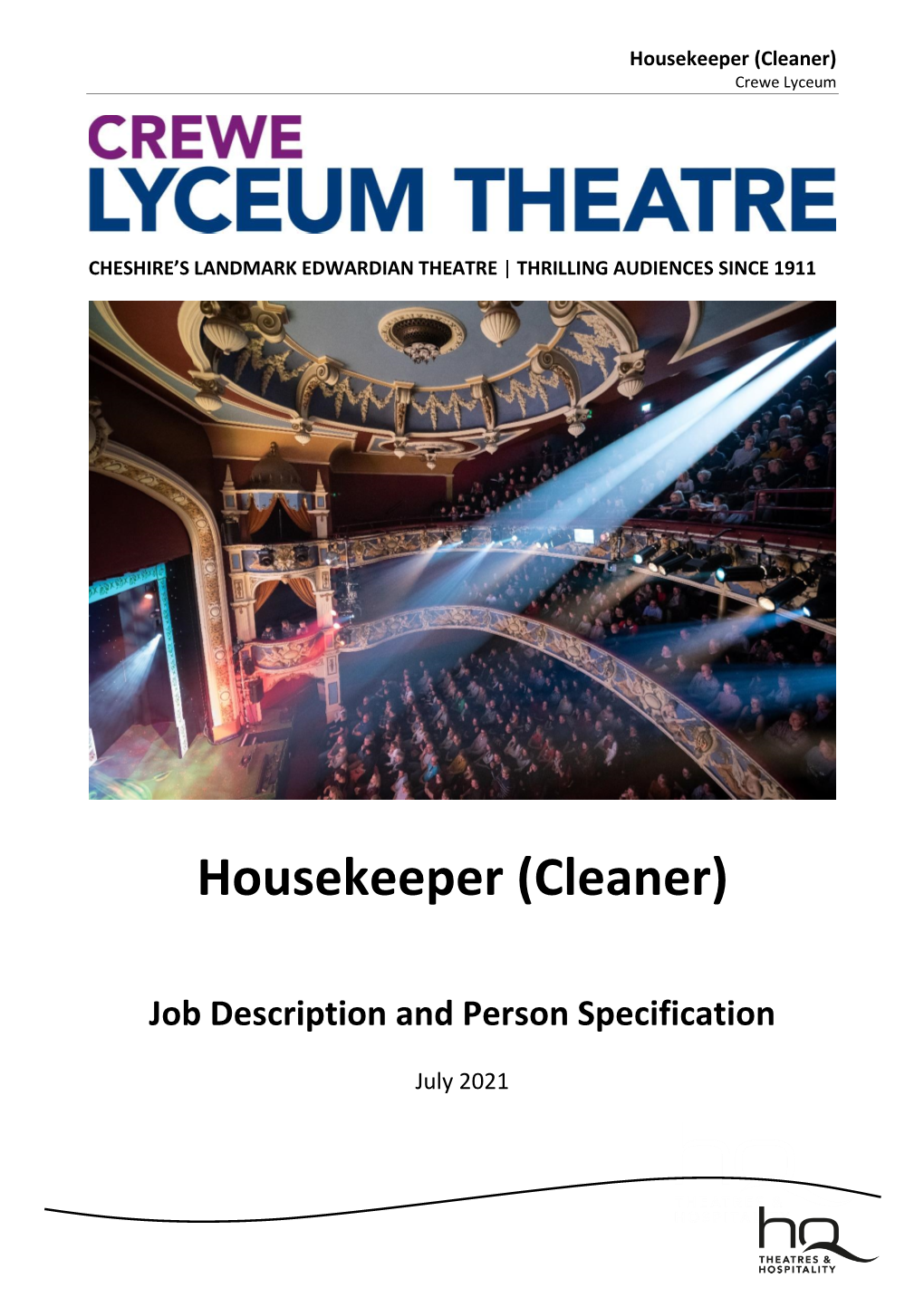 Housekeeper (Cleaner) Crewe Lyceum