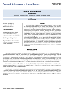 Larix an Archaic Genus Teena Agrawal* School of Applied Science, Banasthali University, Rajasthan, India