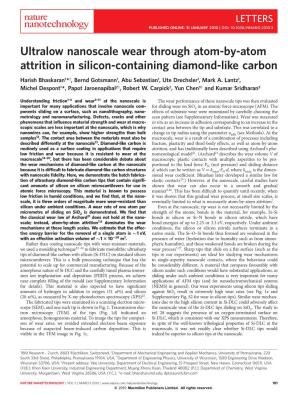 Ultralow Nanoscale Wear Through Atom-By-Atom Attrition in Silicon-Containing Diamond-Like Carbon