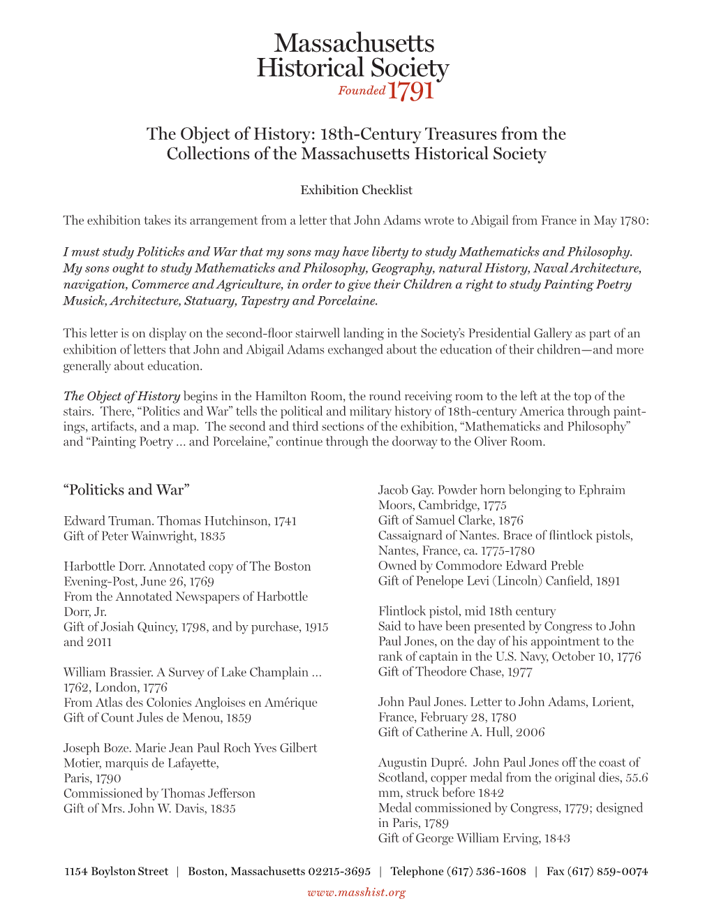 The Object of History: 18Th-Century Treasures from the Collections of the Massachusetts Historical Society