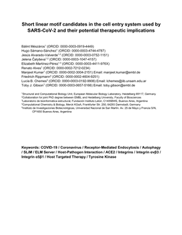 Short Linear Motif Candidates in the Cell Entry System Used by SARS-Cov-2 and Their Potential Therapeutic Implications