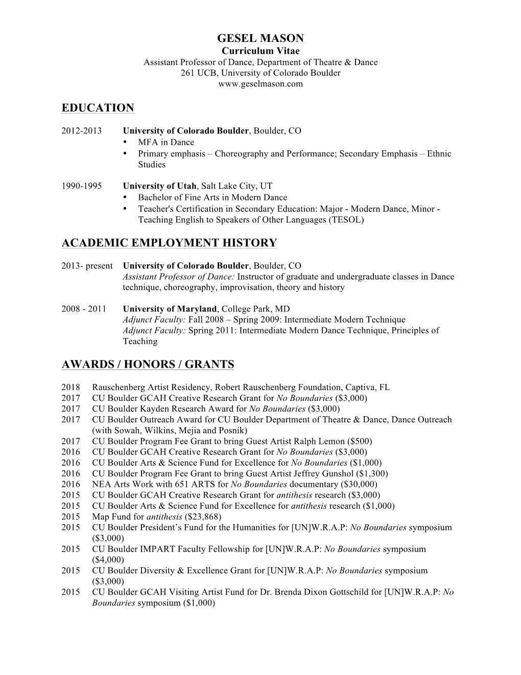 GESEL MASON Curriculum Vitae Assistant Professor of Dance, Department of Theatre & Dance 261 UCB, University of Colorado Boulder