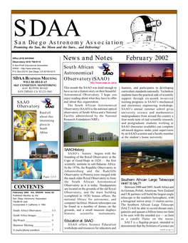News and Notes February 2002 Observatory (619) 766-9118 a Non-Profit Educational Association WWW – South African P.O