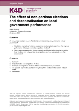 The Effect of Non-Partisan Elections and Decentralisation on Local Government Performance