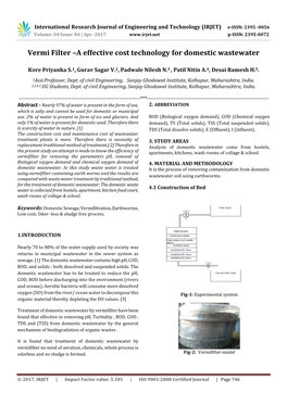 Vermi Filter –A Effective Cost Technology for Domestic Wastewater