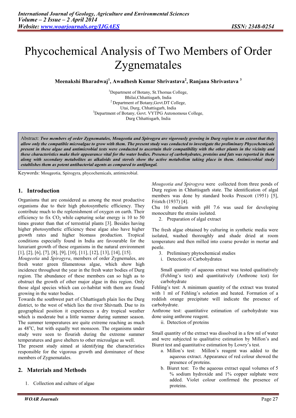 Phycochemical Analysis of Two Members of Order Zygnematales