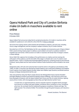 Opera Holland Park and City of London Sinfonia Make Un Ballo in Maschera Available to Rent Online