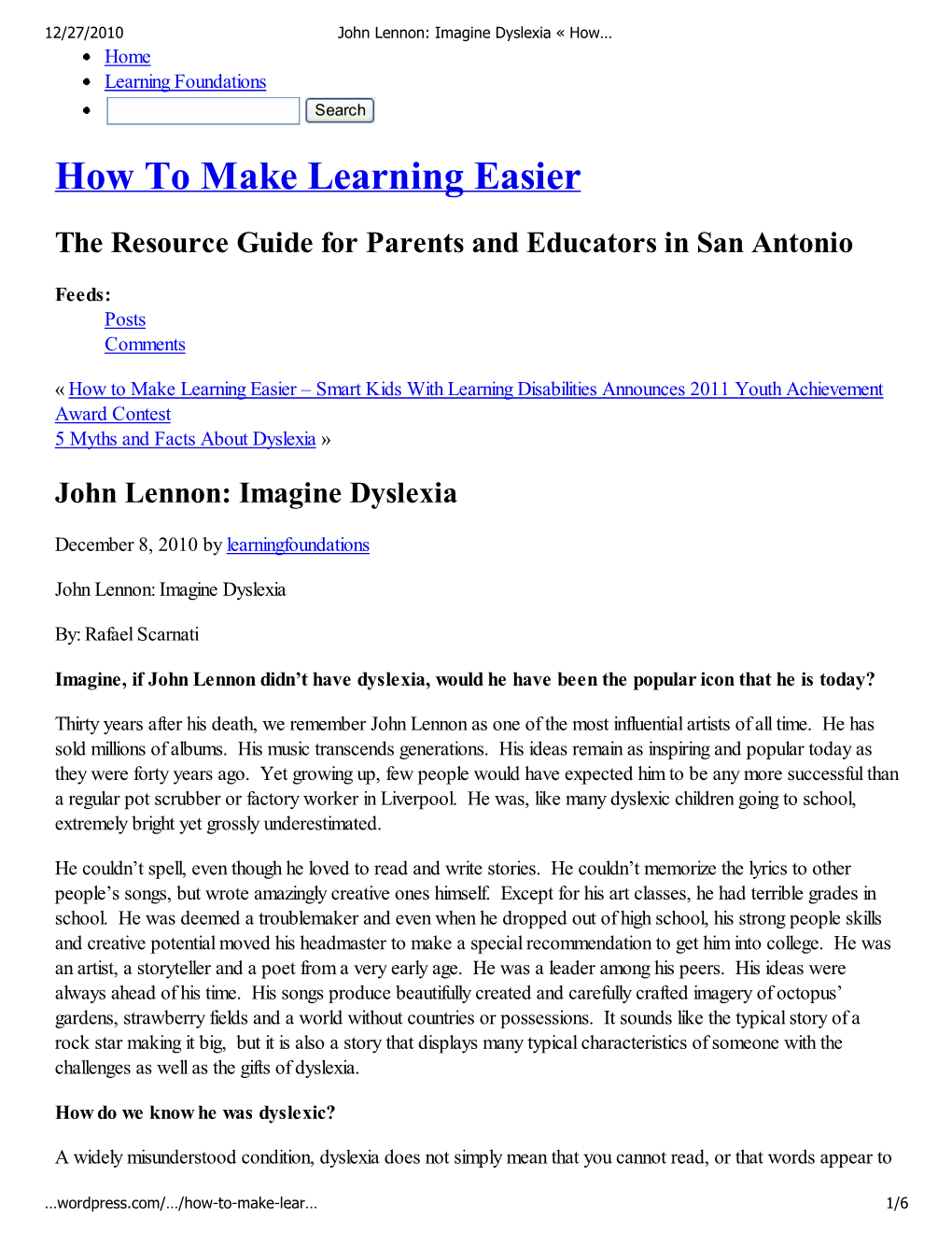 John Lennon: Imagine Dyslexia « How… Home Learning Foundations Search How to Make Learning Easier