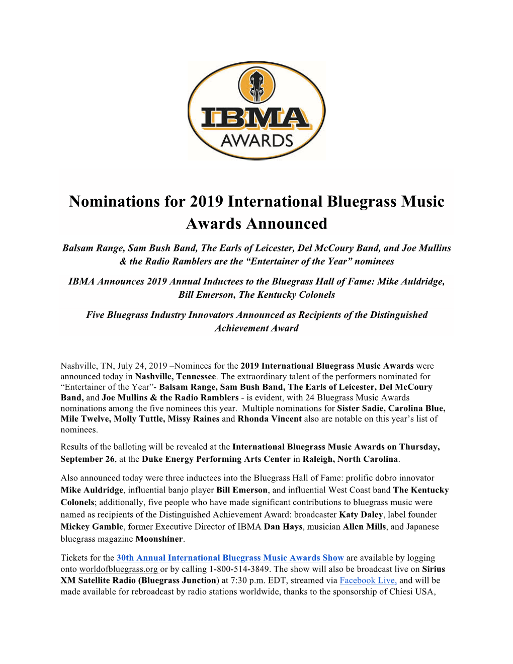 Nominations for 2019 International Bluegrass Music Awards Announced