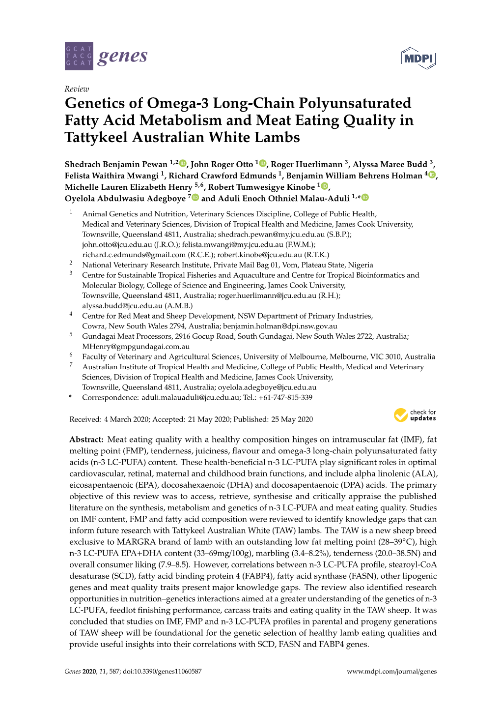 Genetics of Omega-3 Long-Chain Polyunsaturated Fatty Acid Metabolism and Meat Eating Quality in Tattykeel Australian White Lambs