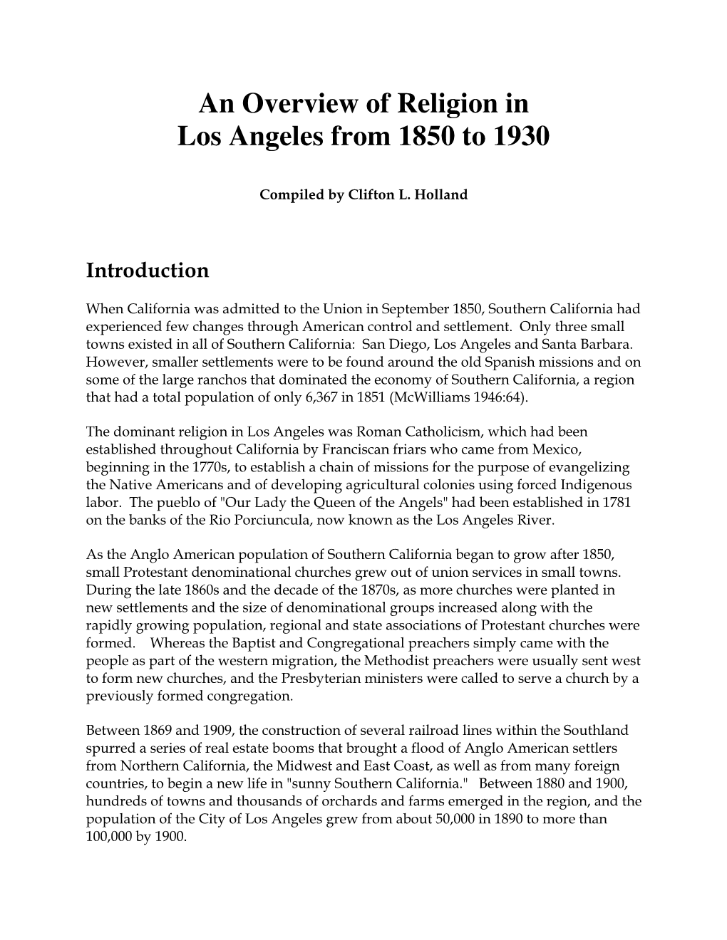 An Overview of Religion in Los Angeles, 1950-1930