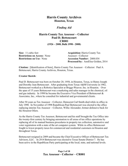 Houston, Texas Finding Aid Harris County Tax Assessor – Collector Paul D. Bettencourt CR001