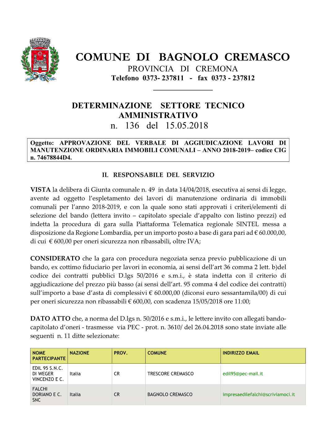 Determina N 136 Del 15052018 Opere Edili 2018 2019