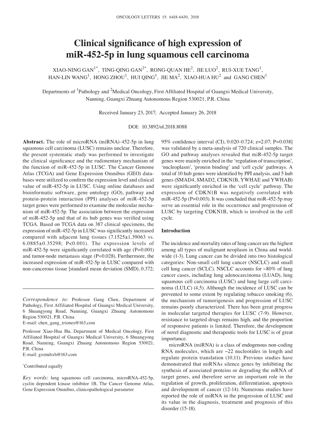 Clinical Significance of High Expression of Mir-452-5P in Lung Squamous Cell Carcinoma