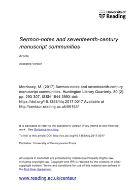 Sermon-Notes and Seventeenth-Century Manuscript Communities