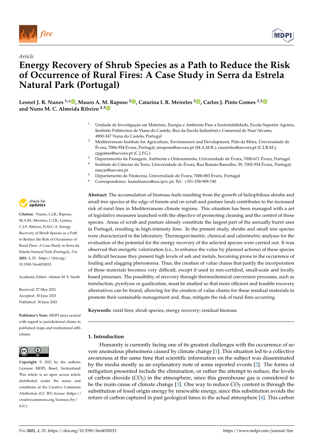 Energy Recovery of Shrub Species As a Path to Reduce the Risk of Occurrence of Rural Fires: a Case Study in Serra Da Estrela Natural Park (Portugal)