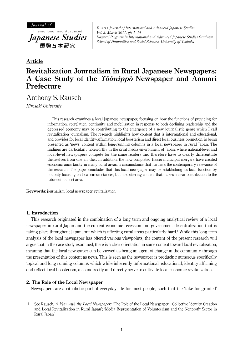 Revitalization Journalism in Rural Japanese Newspapers: a Case Study of the T-O-Onipp-O Newspaper and Aomori Prefecture Anthony