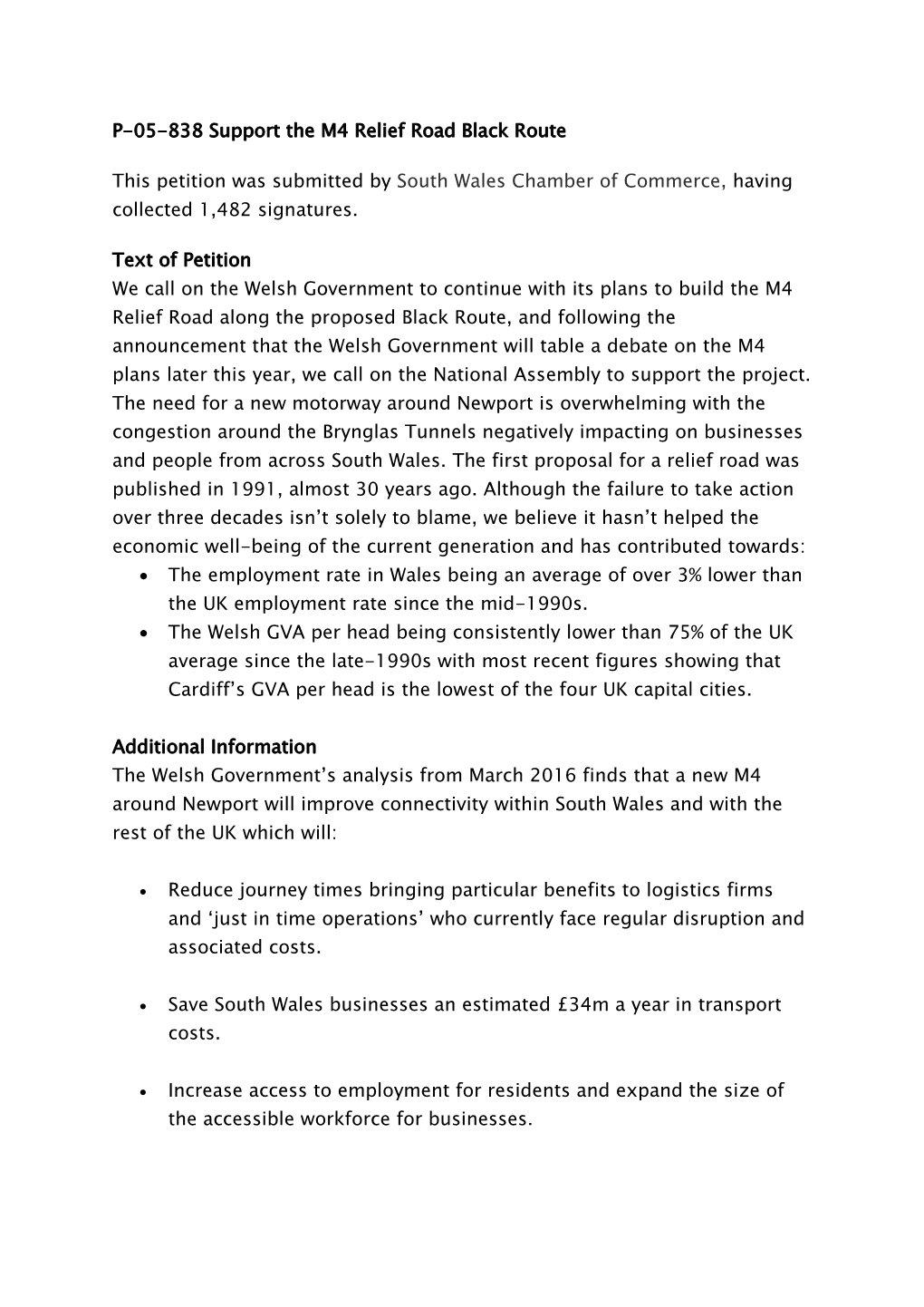 P-05-838 Support the M4 Relief Road Black Route This Petition Was