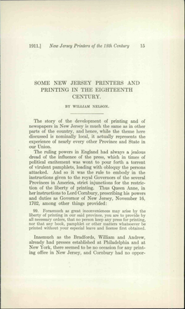 Some New Jersey Printers and Printing in the Eighteenth Century