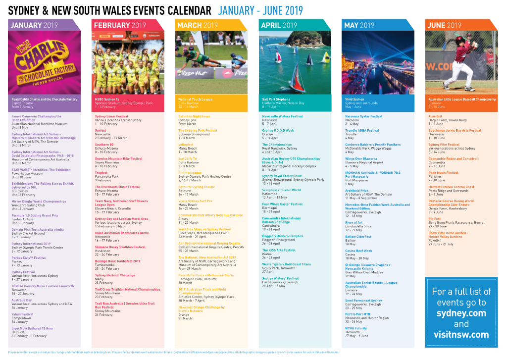 Sydney and New South Wales Events Calendar January to June 2019