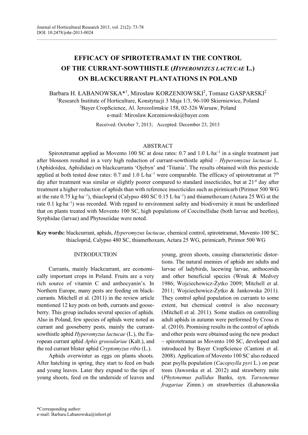 Hyperomyzus Lactucae L.) on Blackcurrant Plantations in Poland