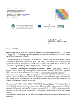 Sindaci Dei Comuni Del Territorio Del GAL Sibilla PEC Prot. N. 139/2018 Oggetto: PSR Marche 2014-2020