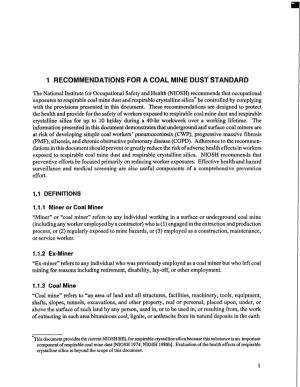 1 Recommendations for a Coal Mine Dust Standard
