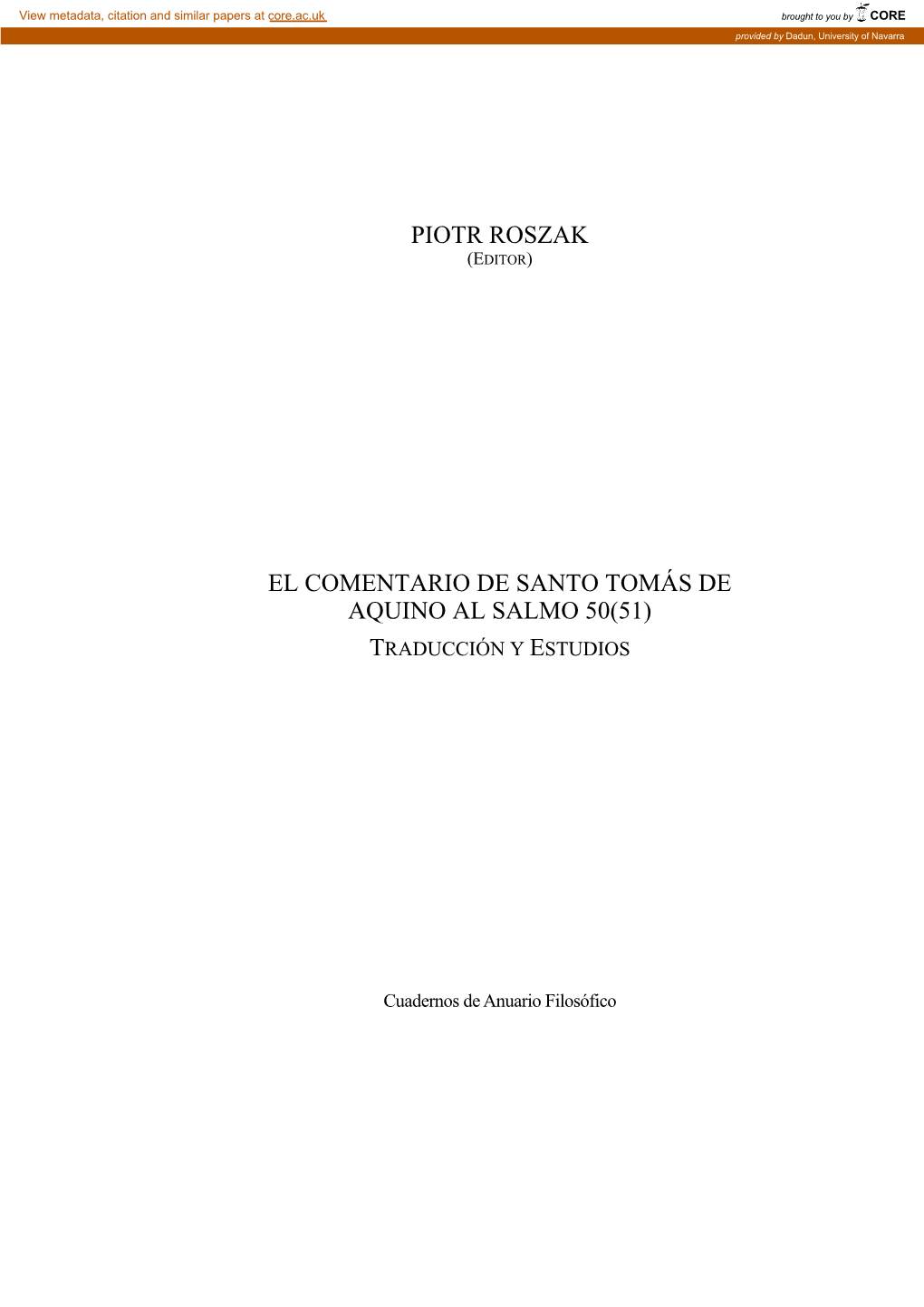 Piotr Roszak El Comentario De Santo Tomás De Aquino Al