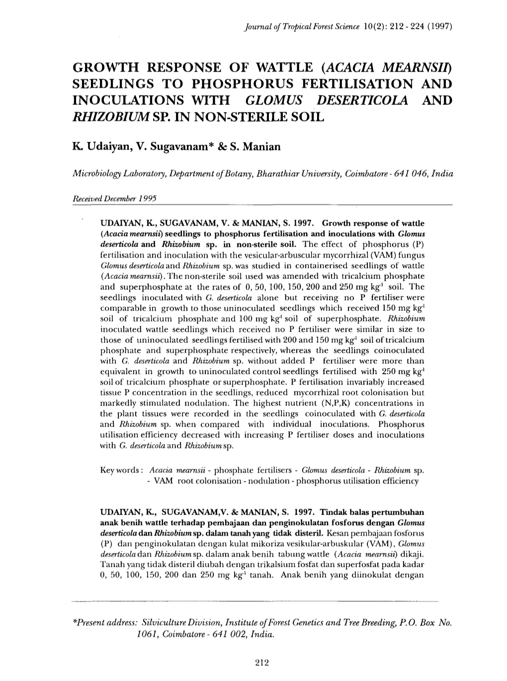 (Acacia Mearnsii) Seedlings to Phosphorus Fertilisation and Inoculations with Glomus Deserticola and Rhizobium Non-Steriln I