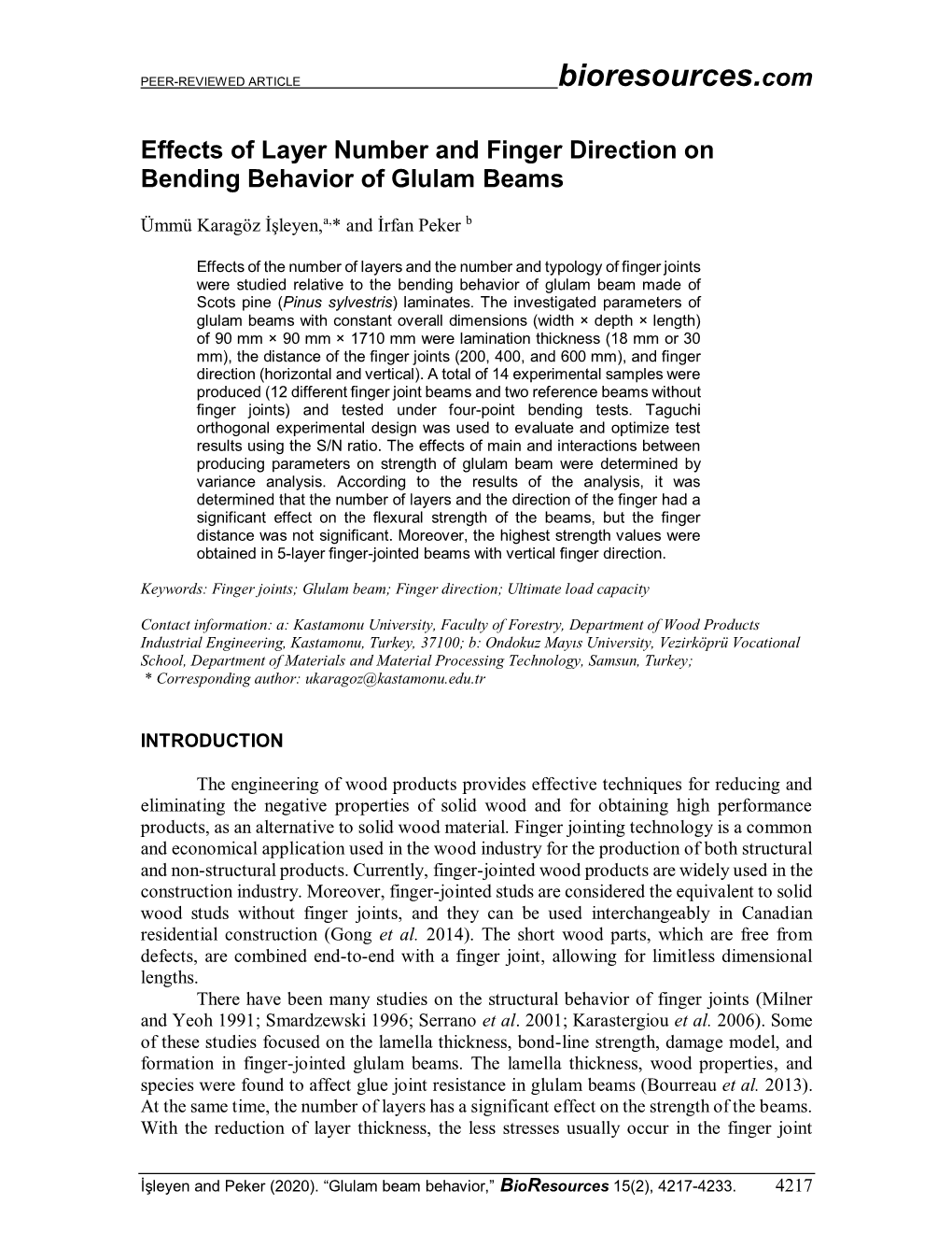 Effects of Layer Number and Finger Direction on Bending Behavior of Glulam Beams