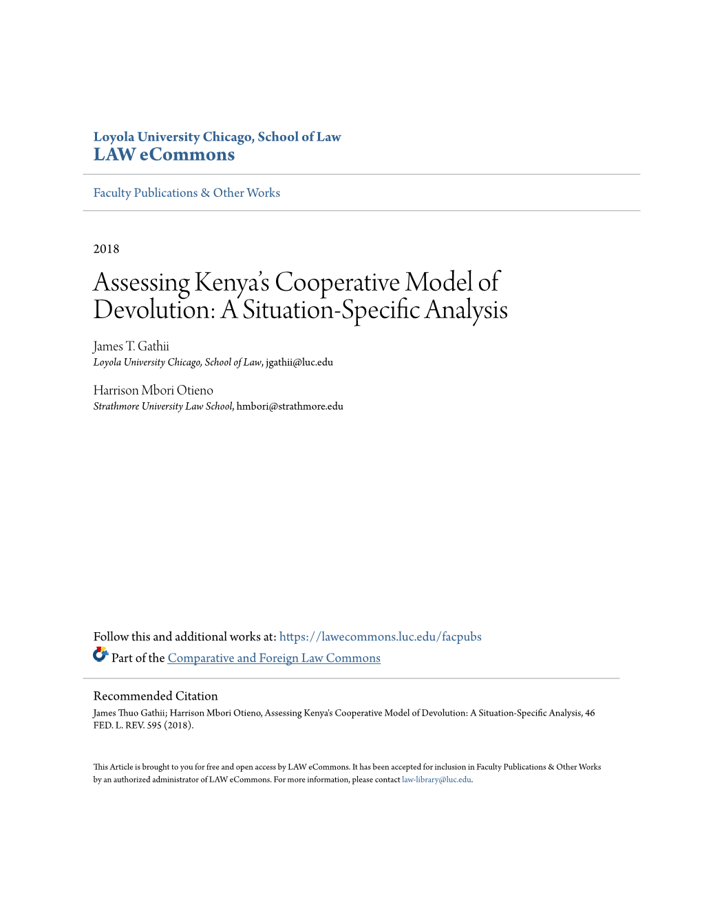 Assessing Kenya's Cooperative Model of Devolution: a Situation-Specific Analysis, 46 FED