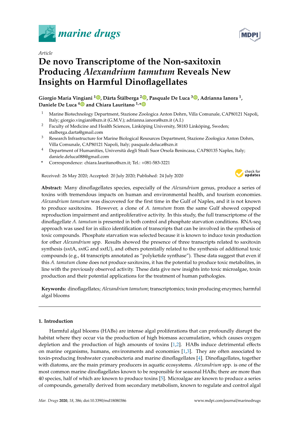 De Novo Transcriptome of the Non-Saxitoxin Producing Alexandrium Tamutum Reveals New Insights on Harmful Dinoﬂagellates