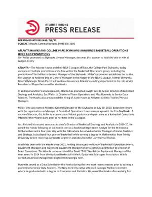 Atlanta Hawks and College Park Skyhawks Announce Basketball Operations Hires and Promotions
