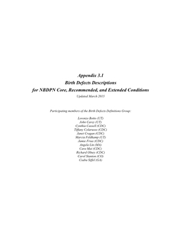 Appendix 3.1 Birth Defects Descriptions for NBDPN Core, Recommended, and Extended Conditions Updated March 2015