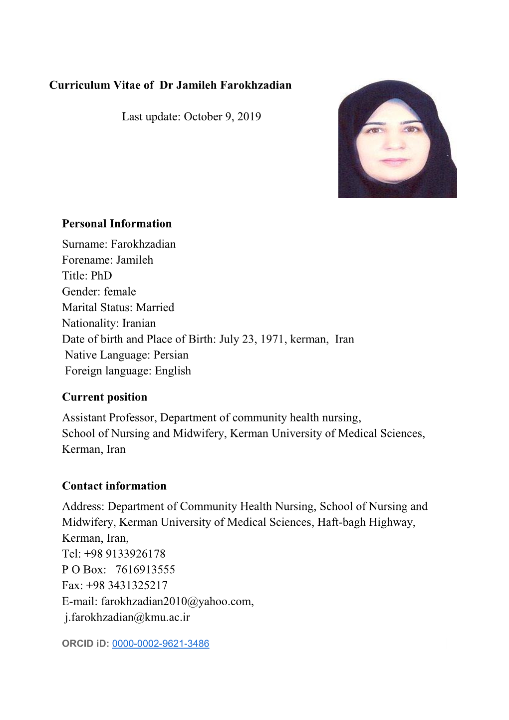 Curriculum Vitae of Dr Jamileh Farokhzadian 9 , 201 9 : October