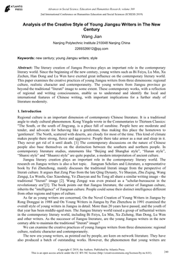 Analysis of the Creative Style of Young Jiangsu Writers in the New Century Wang Jian Nanjing Polytechnic Institute 210048 Nanjing China 2269326612@Qq.Com