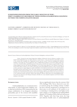 Eurhinodelphinids from the Early Miocene of Peru: First Unambiguous Records of These Hyper-Longirostrine Dolphins Outside the North Atlantic Realm