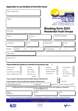 Booking Form 2021 Party Leader Residential Youth Groups