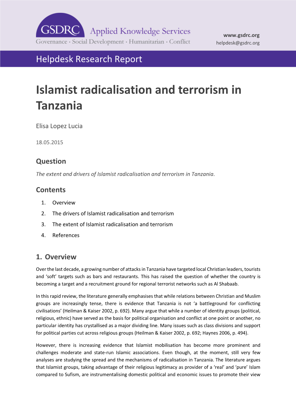 Islamist Radicalisation and Terrorism in Tanzania