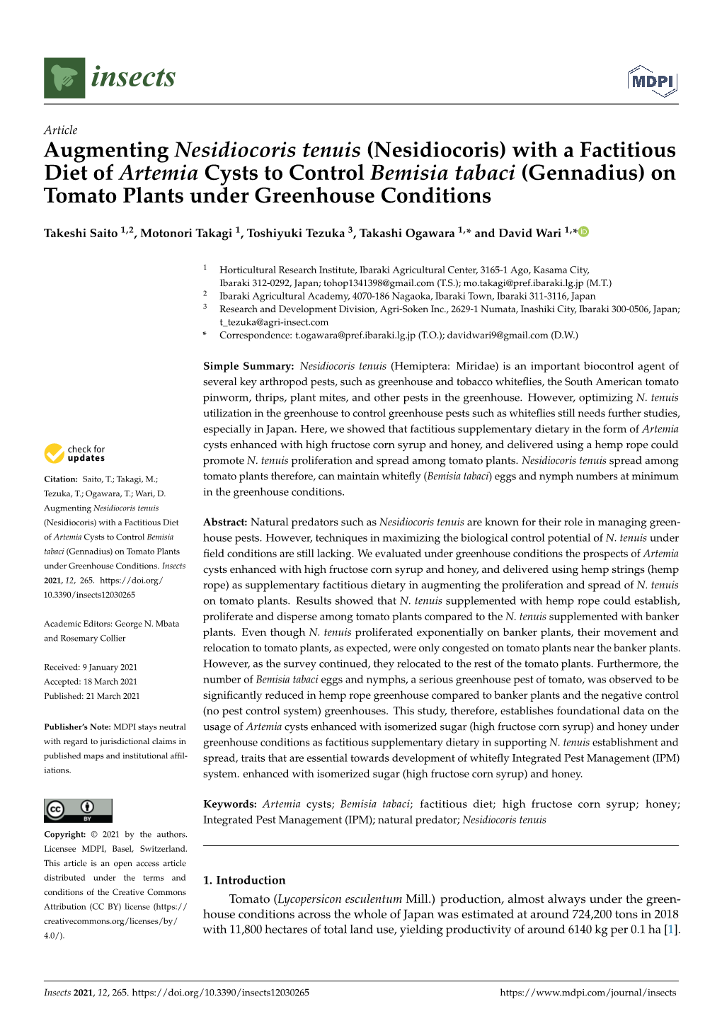 With a Factitious Diet of Artemia Cysts to Control Bemisia Tabaci (Gennadius) on Tomato Plants Under Greenhouse Conditions