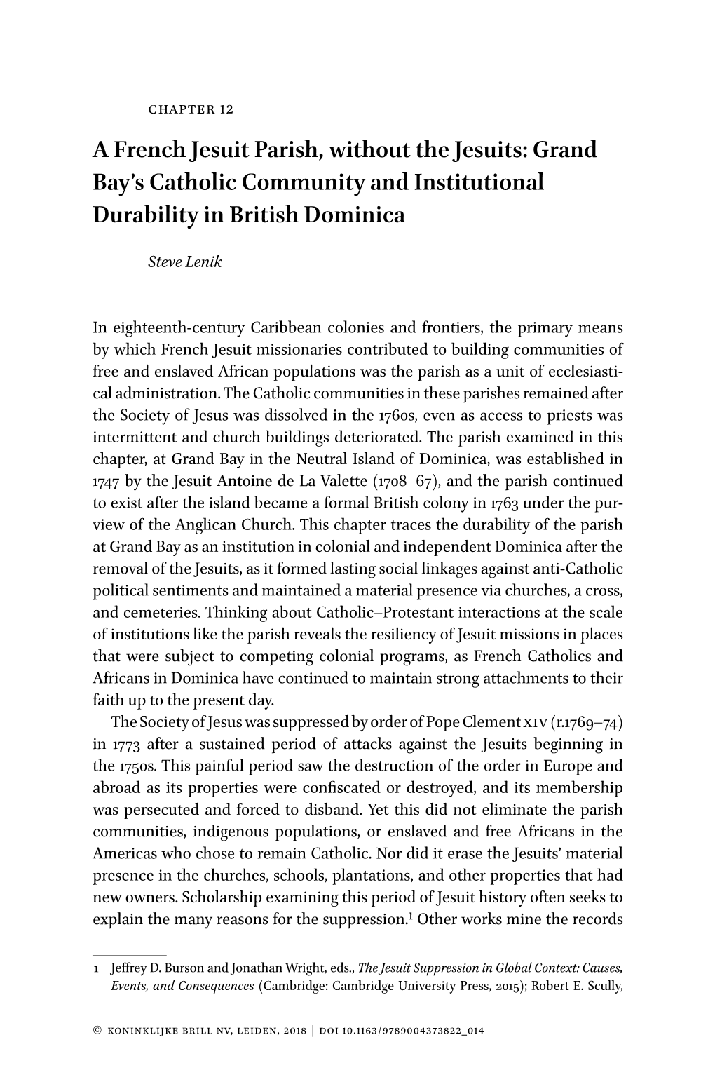 A French Jesuit Parish, Without the Jesuits: Grand Bay’S Catholic Community and Institutional Durability in British Dominica