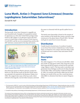 Luna Moth, Actias (=Tropaea) Luna (Linneaus) (Insecta: Lepidoptera: Saturniidae: Saturniinae)1 Donald W