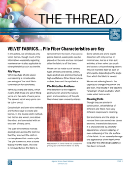 VELVET FABRICS... Pile Fiber Characteristics Are Key in This Article, We Will Discuss Only Removed from the Loom