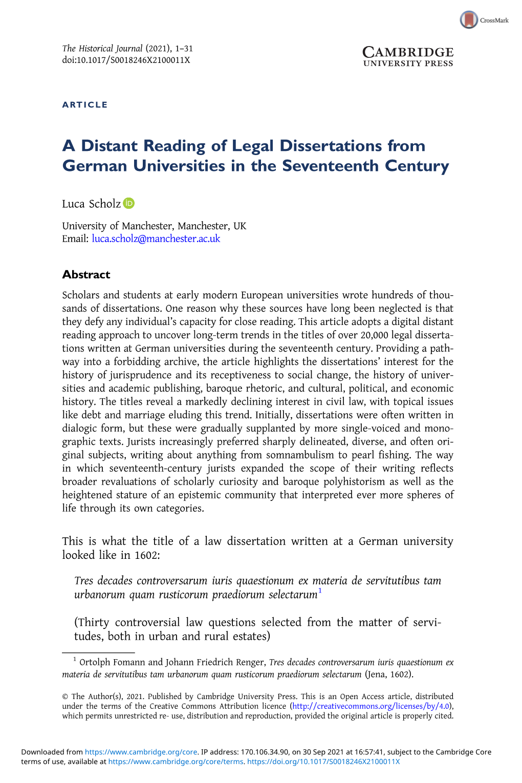 A Distant Reading of Legal Dissertations from German Universities in the Seventeenth Century