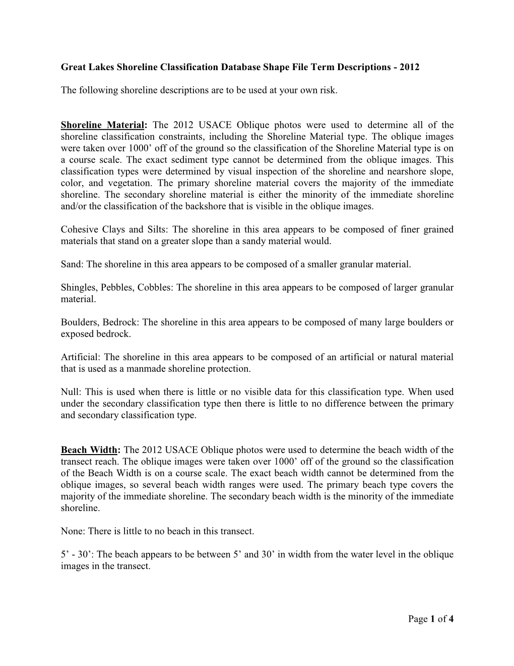 Great Lakes Shoreline Classification Descriptions