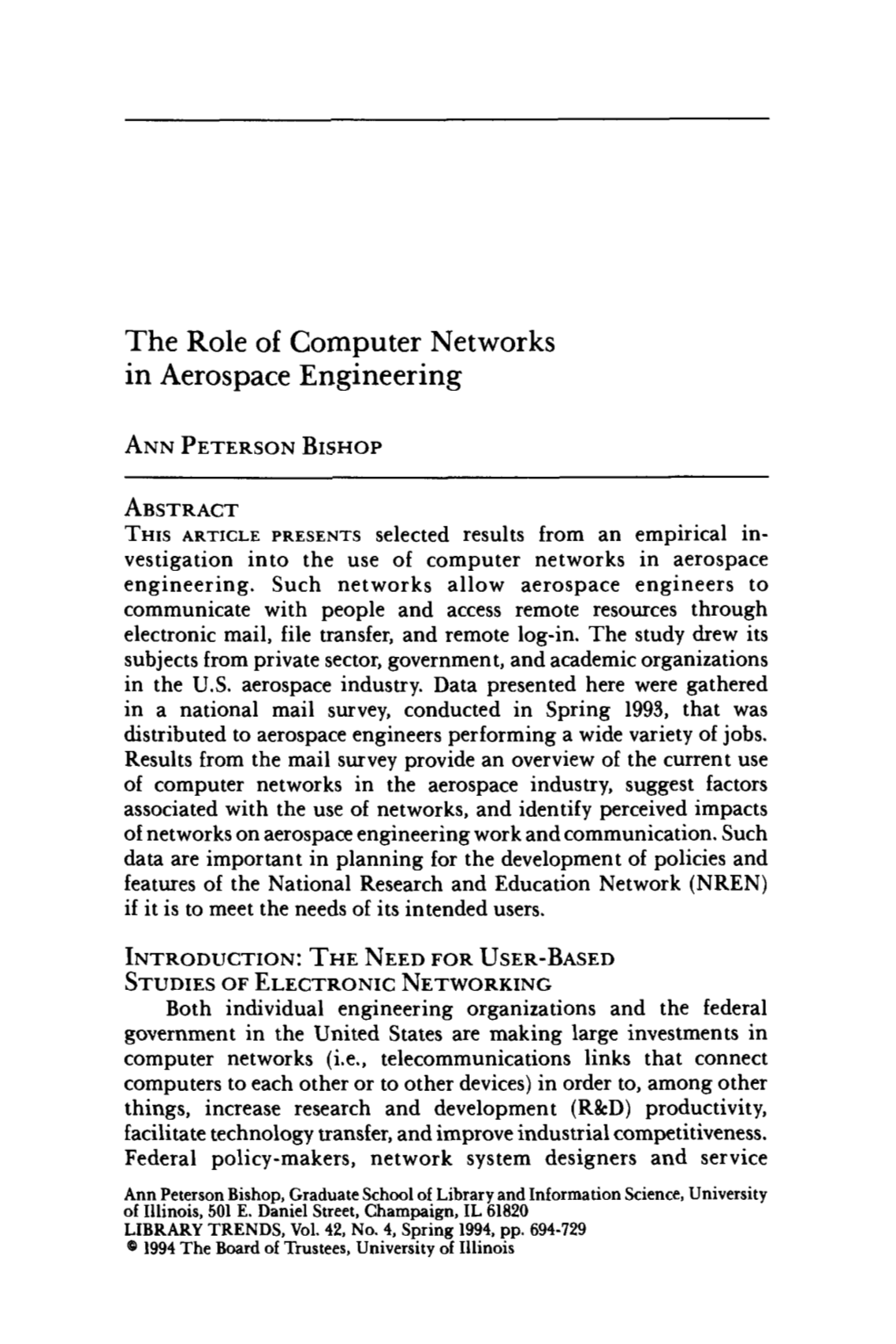 The Role of Computer Networks in Aerospace Engineering