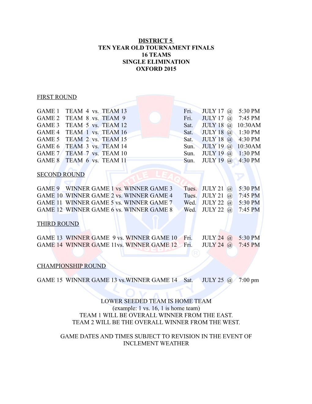 District 5 Ten Year Old Tournament Finals